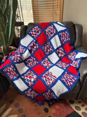 Granny Square Afghan Crochet Blanket Red White Blue USA American Boho Patriotic